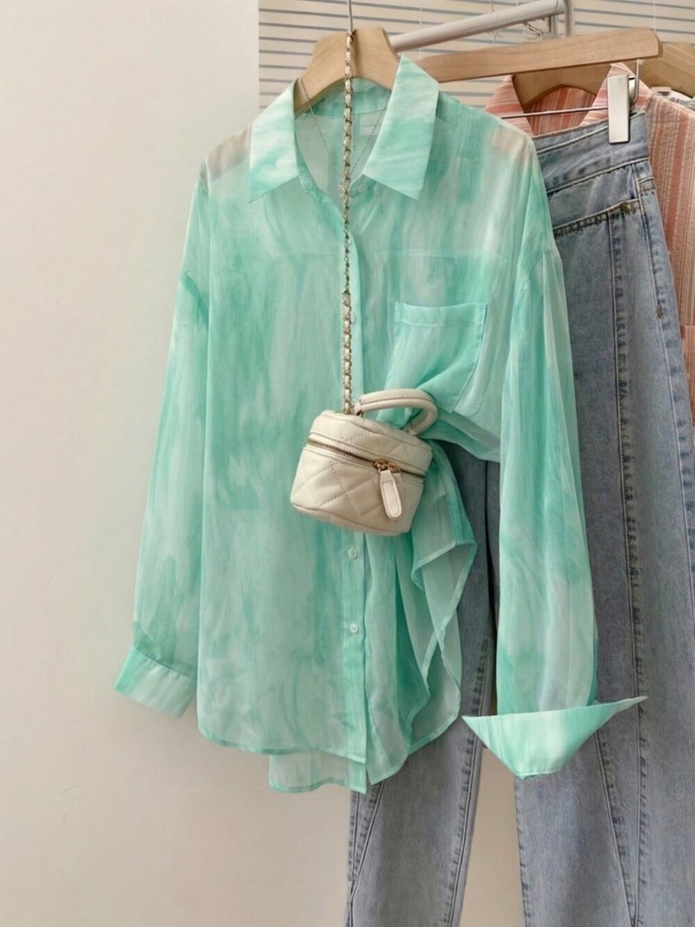 Mint Green Casual Loose Women's Yuxin Tie-Dye Lapel Collar Sleeve Jacket